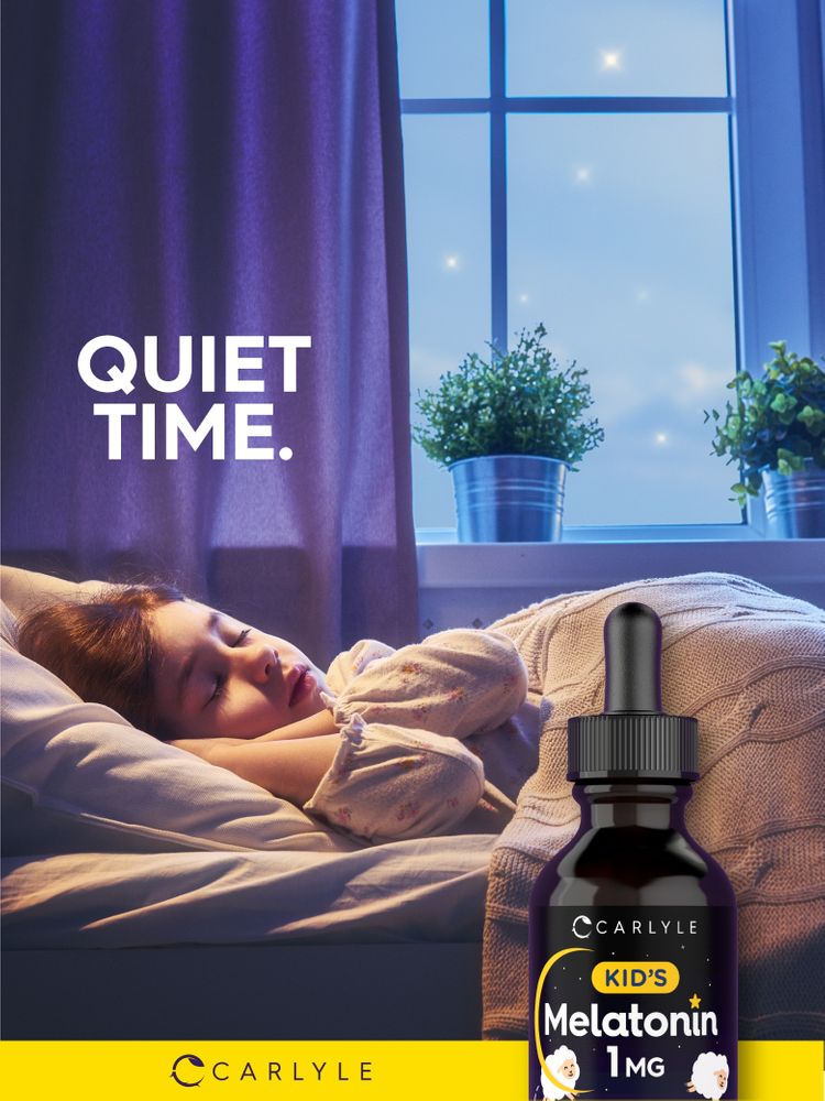 A young girl sleeps in bed with a Carlyle Kids Melatonin liquid bottle on the nightstand beside her.