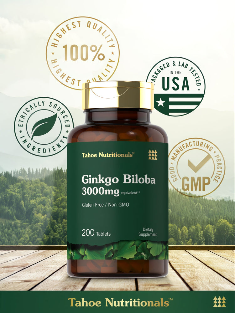 Bottle of Ginkgo Biloba 3000mg equivalent, containing 200 tablets, shown on a hand for scale, highlighting size and quantity.