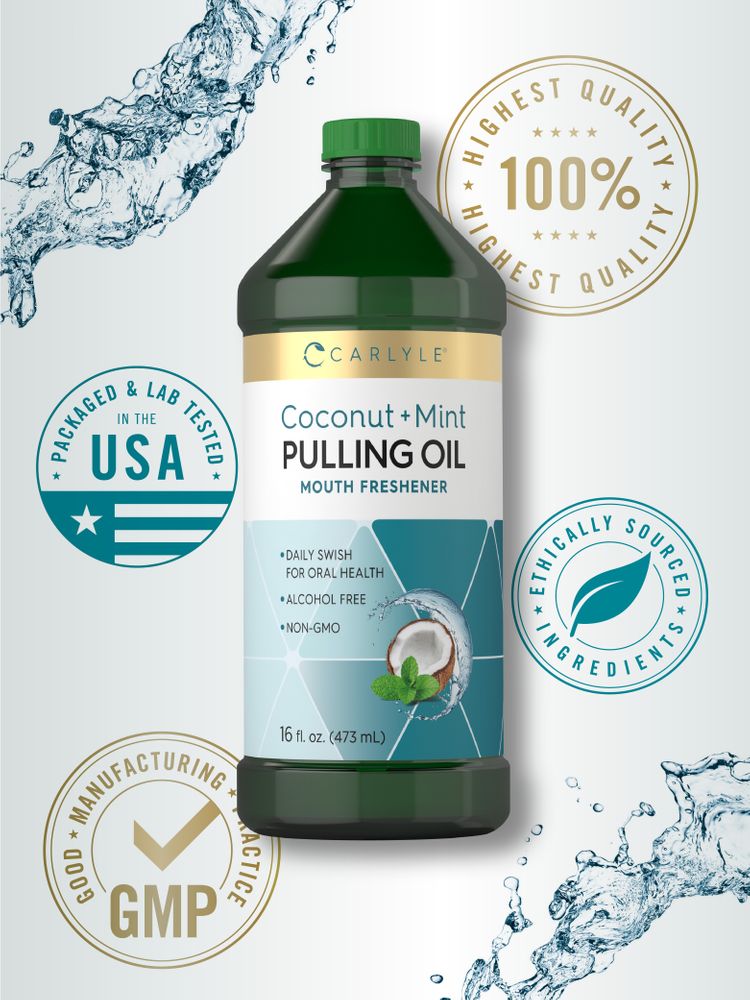 Carlyle Coconut + Mint Pulling Oil bottle, 16 fl. oz. (473 mL), shown alongside a hand for size comparison.