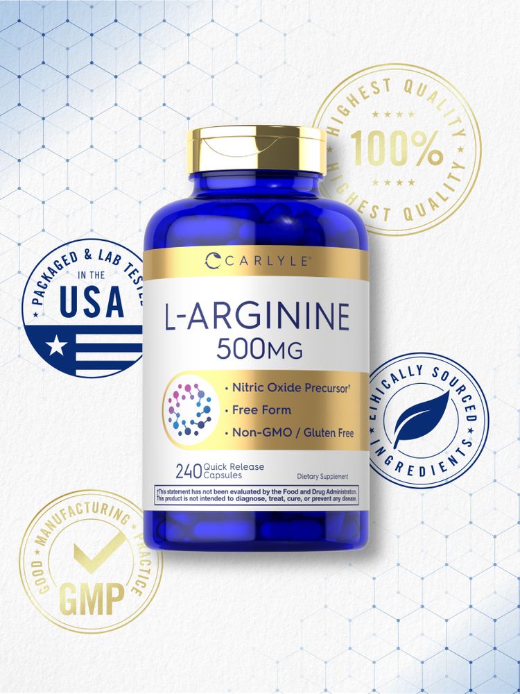 Carlyle L-Arginine 500MG, pack of 240 capsules shown on a hand scale.