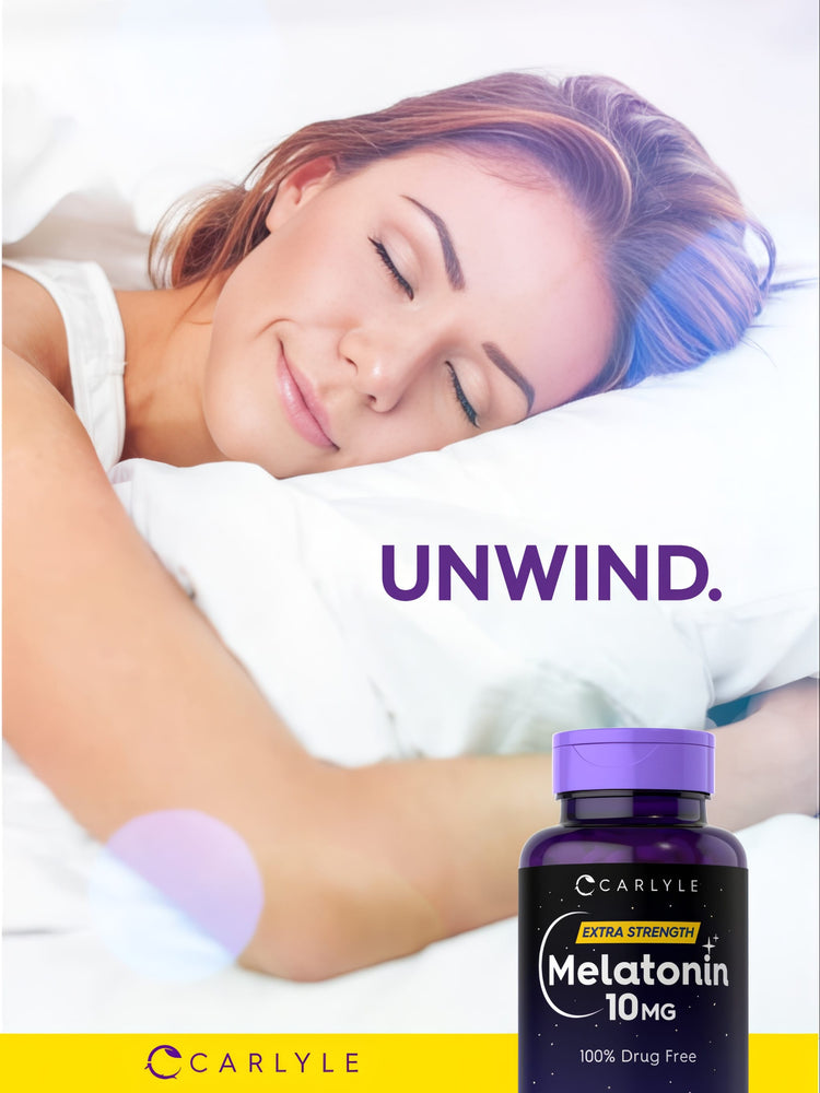 A young woman sleeps peacefully in bed with a bottle of Carlyle Melatonin beside her.