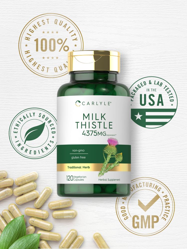 Milk Thistle 4375 mg vegetarian capsules are scattered with green leaves for a natural feel.