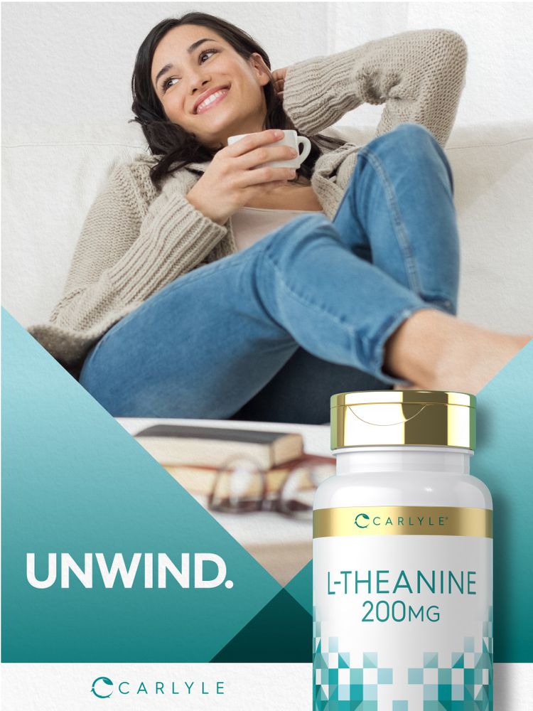 Young adult woman smiling on a couch with a cup, next to an L-Theanine 200mg bottle.
