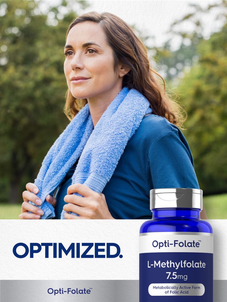 Smiling adult woman outdoors with a towel and an Opti-Folate L-Methylfolate 7.5mg bottle beside her.