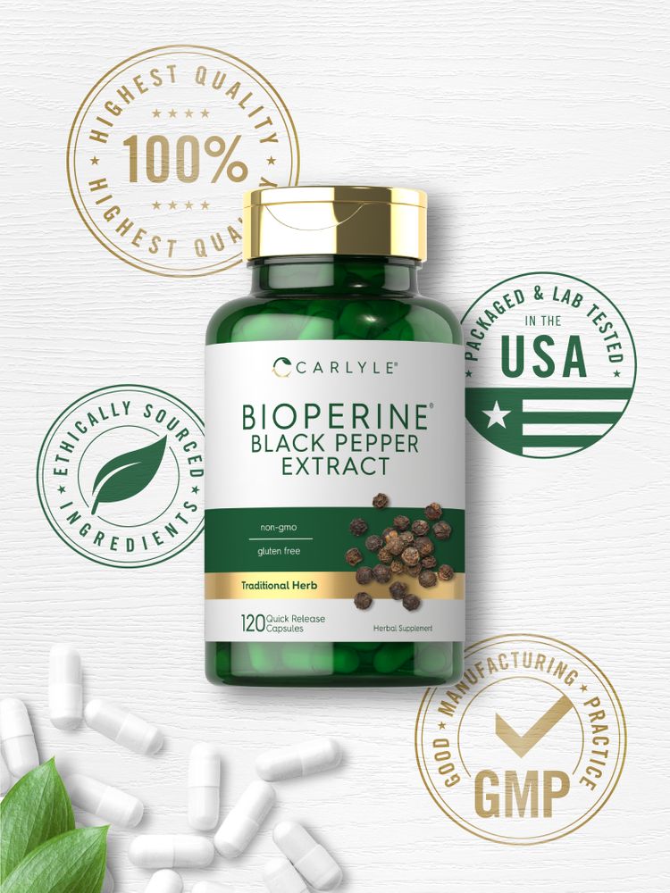 A hand holds a bottle of Bioperine 10 mg Quick Release Capsules, containing 120 capsules.