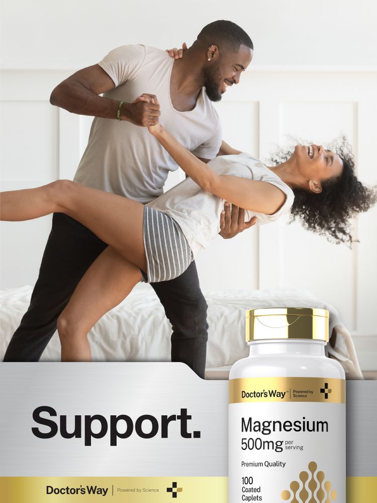 A young adult couple dances playfully next to a Doctors Way Magnesium bottle.