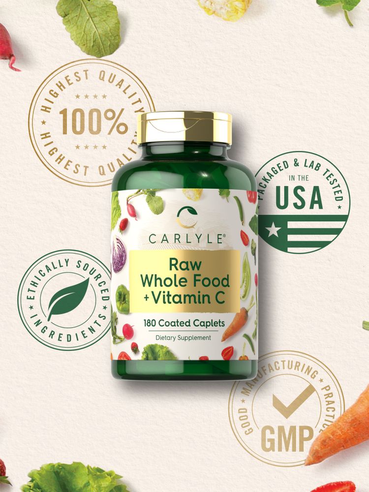 Carlyle Raw Whole Food + Vitamin C 180 Caplets: Premium quality, USA tested, ethically sourced, manufactured in GMP facilities.