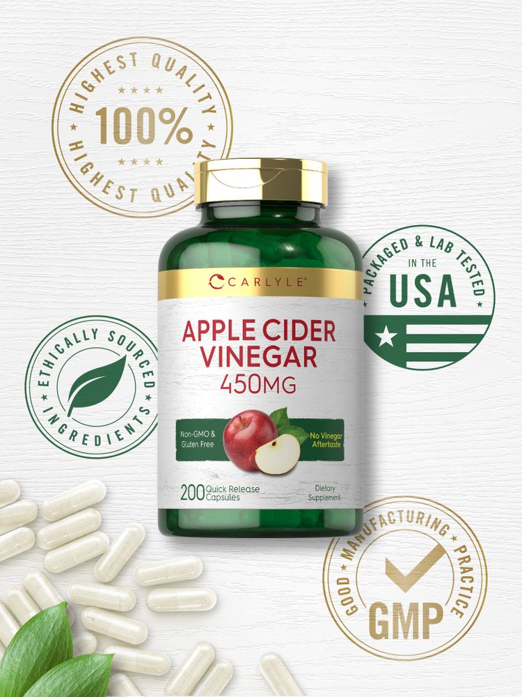 Image of a 200-count bottle of 450 mg quick release white apple cider vinegar capsules.