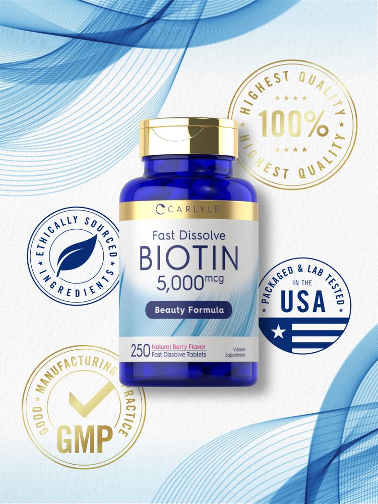 Carlyle Biotin 5000mcg, 250 Fast Dissolve Tablets. Labels: 100% Quality, Ethically Sourced, GMP, Made in USA.