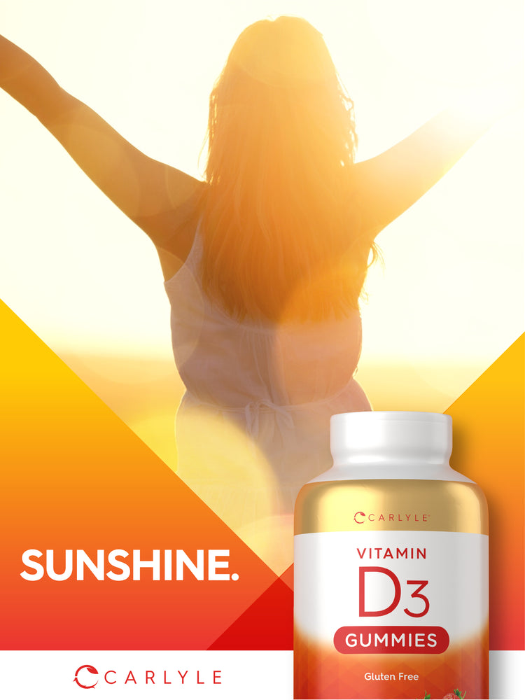 A woman raises her arms to the bright sun, with 'SUNSHINE.' text next to a Carlyle Vitamin D3 Gummies bottle.