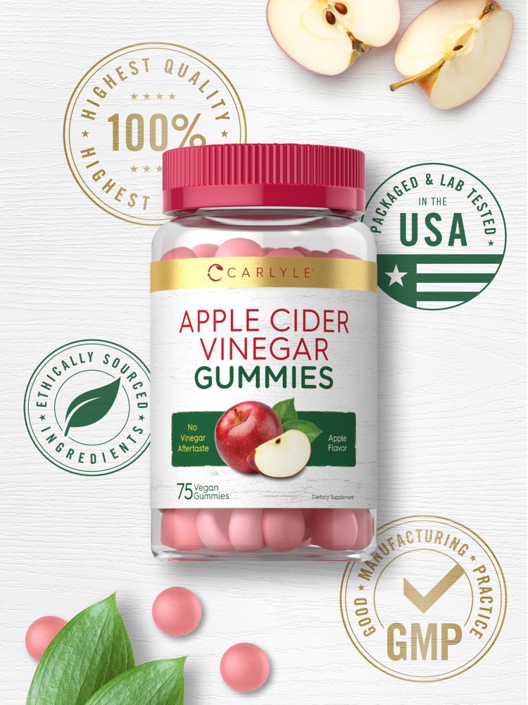 Bottle of 75 apple cider vinegar gummies held in hand, indicating size and bulk scale for easy supplementation.
