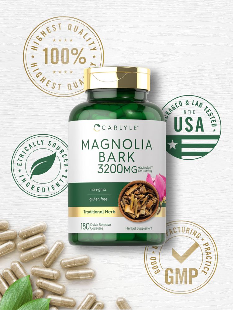 Hand holding Carlyle Magnolia Bark 3200mg Quick Release Capsules, showing the scale of the bottle for size reference.