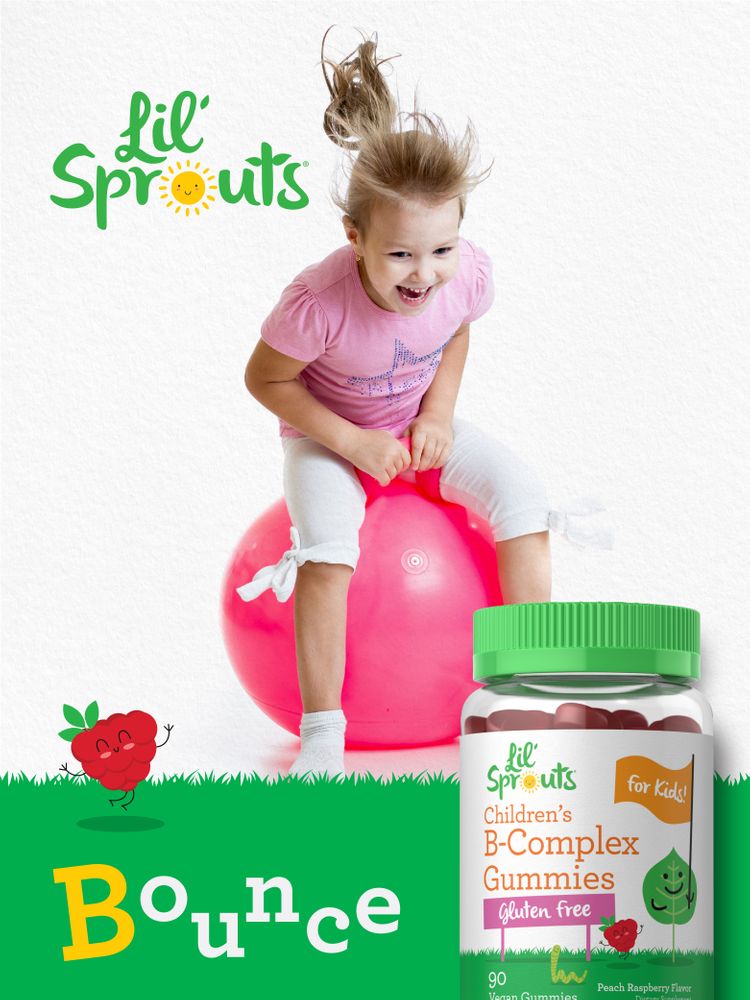 A bottle of Lil' Sprouts Children's B-Complex Gummies, containing 90 vegan gummies with peach raspberry flavor.