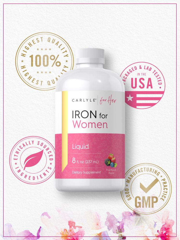 CARLYLE for Her IRON for Women Liquid, 8 fl. oz. (237 mL), held in hand, showcasing portable size and packaging details.