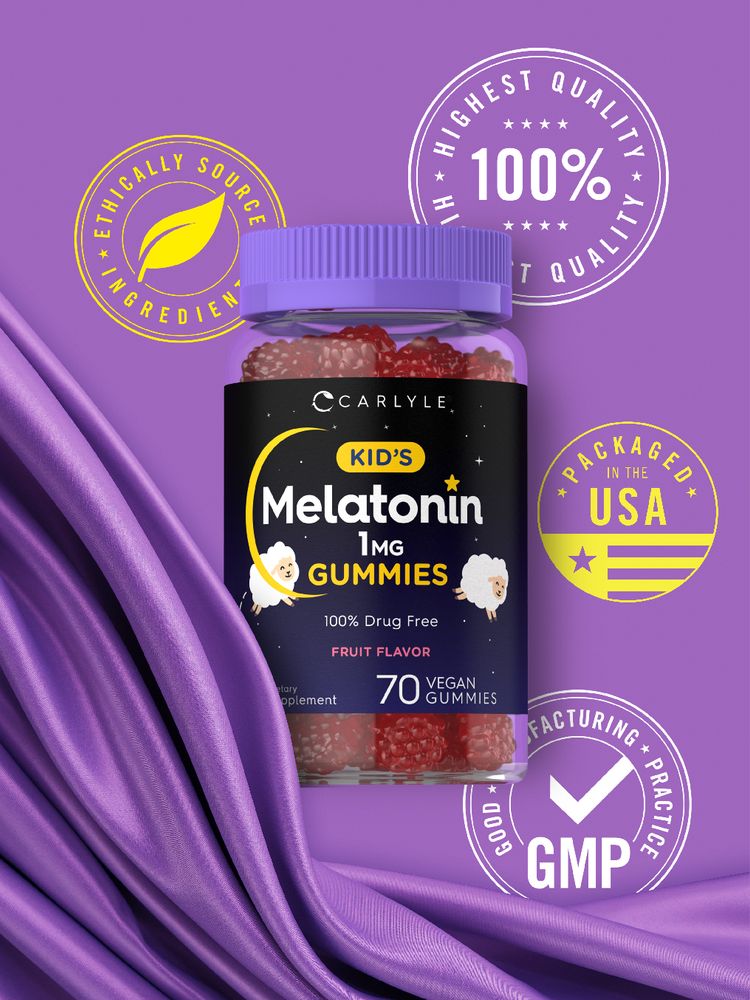 A 70-count bottle of 1MG Melatonin vegan gummies for kids is displayed in a hand, suitable for promoting restful sleep.