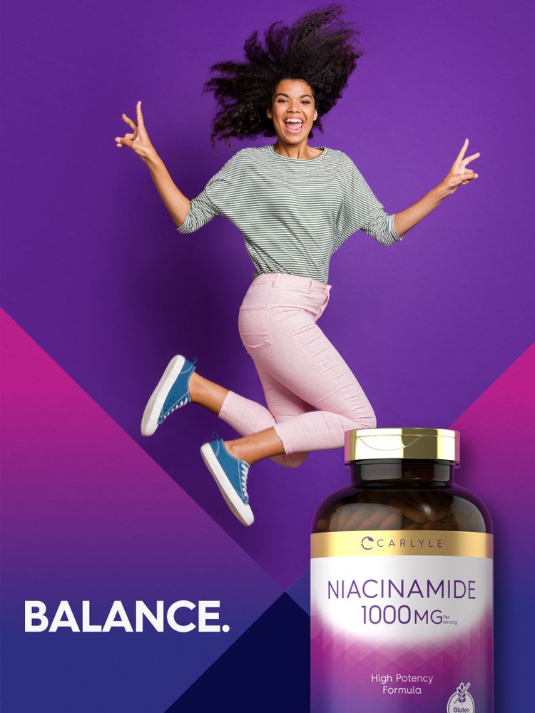 A young woman jumps making peace signs next to a Carlyle Niacinamide bottle with the text 'BALANCE.'