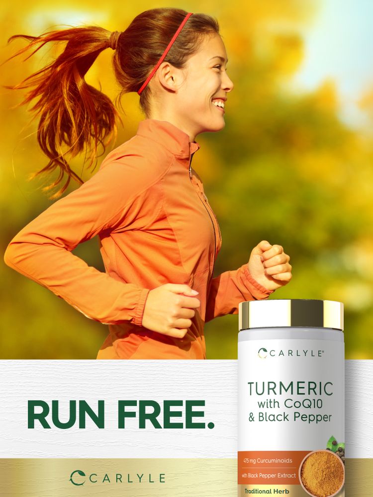 A young woman runs outdoors holding a Turmeric with CoQ10 & Black Pepper supplement bottle.