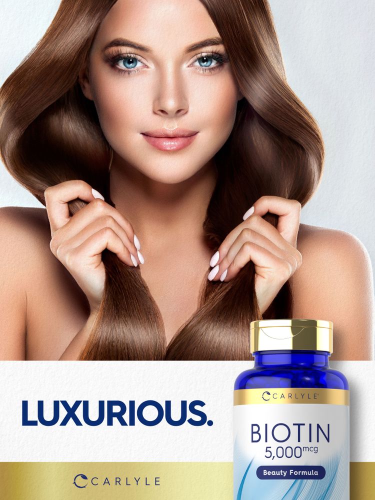 A young woman with long brown hair stands beside the text 'LUXURIOUS' and a Carlyle Biotin 5000mcg bottle.