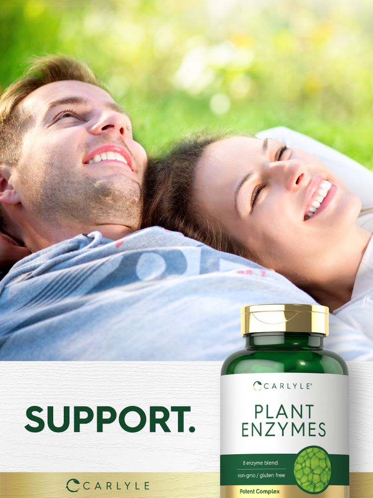 Young couple lying on grass, smiling upwards with a bottle of Carlyle Plant Enzymes beside them. Text reads: SUPPORT.
