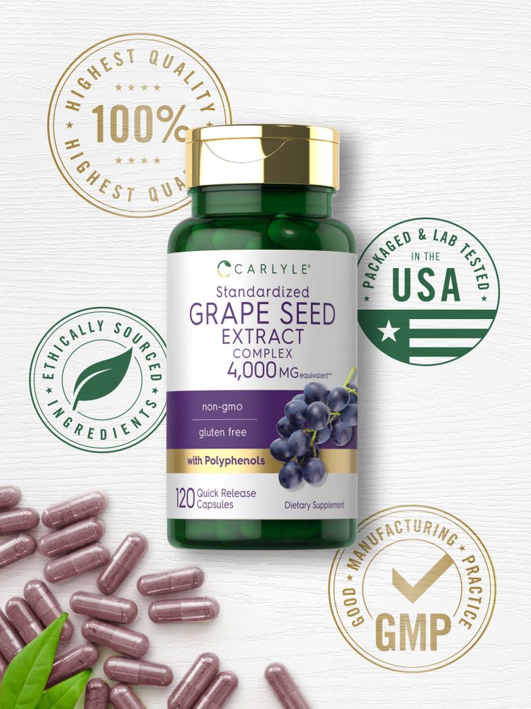 Carlyle Grape Seed Extract Complex, 4,000 MG equivalent, quick release capsules scattered on a surface.