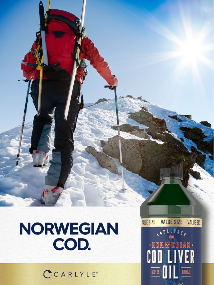 A 16 fl oz bottle of Norwegian Cod Liver Oil liquid is shown.