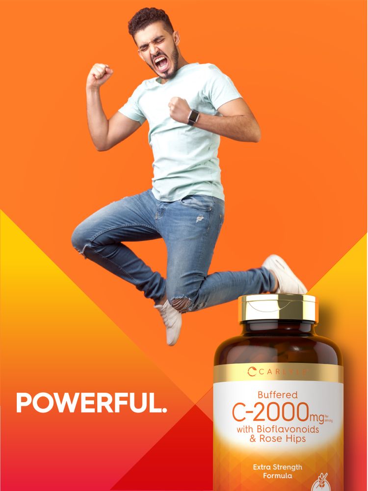 Energetic young man jumping, fists clenched, next to a Carlyle Buffered C-2000mg with Bioflavonoids & Rose Hips bottle. Text: POWERFUL.