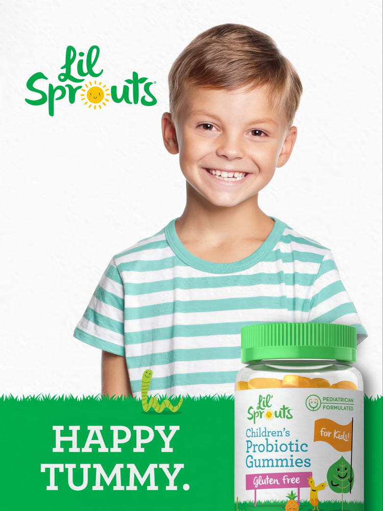 A young boy smiling with a bottle of Lil Sprouts Kids Probiotic Gummies. Text reads: HAPPY TUMMY.