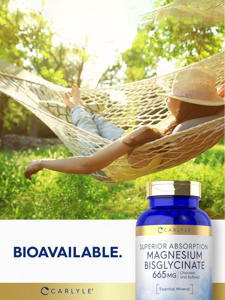 A blue bottle containing 665 mg Magnesium Bisglycinate capsules.