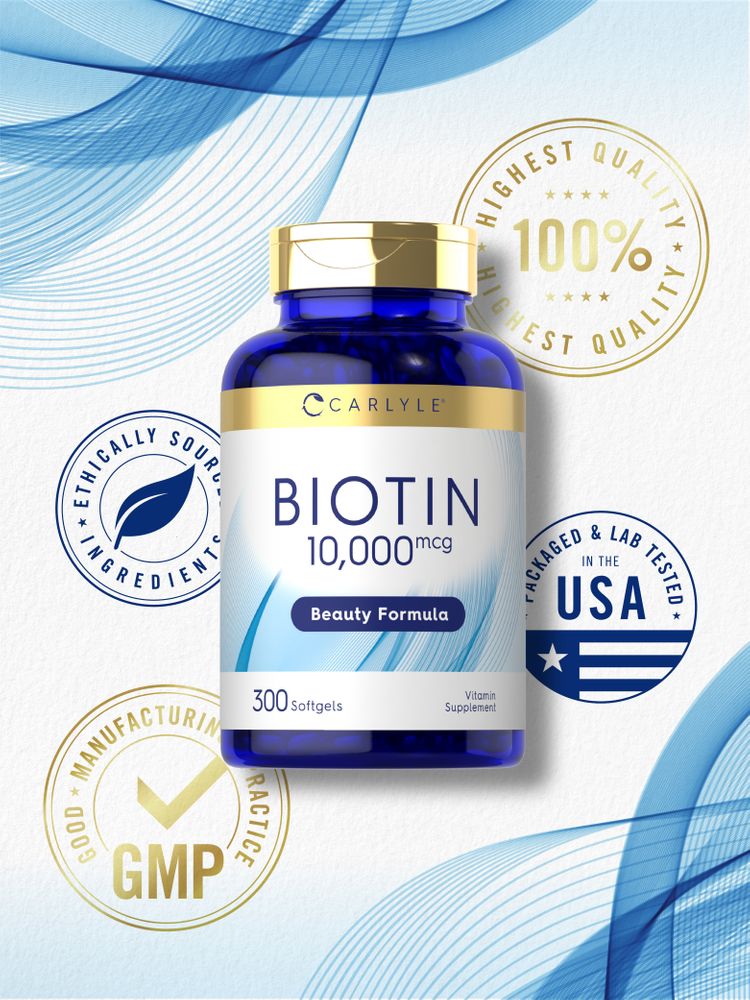 A package of 300 Biotin softgels, each with 10,000 mcg potency, positioned on a hand scale for measurement.