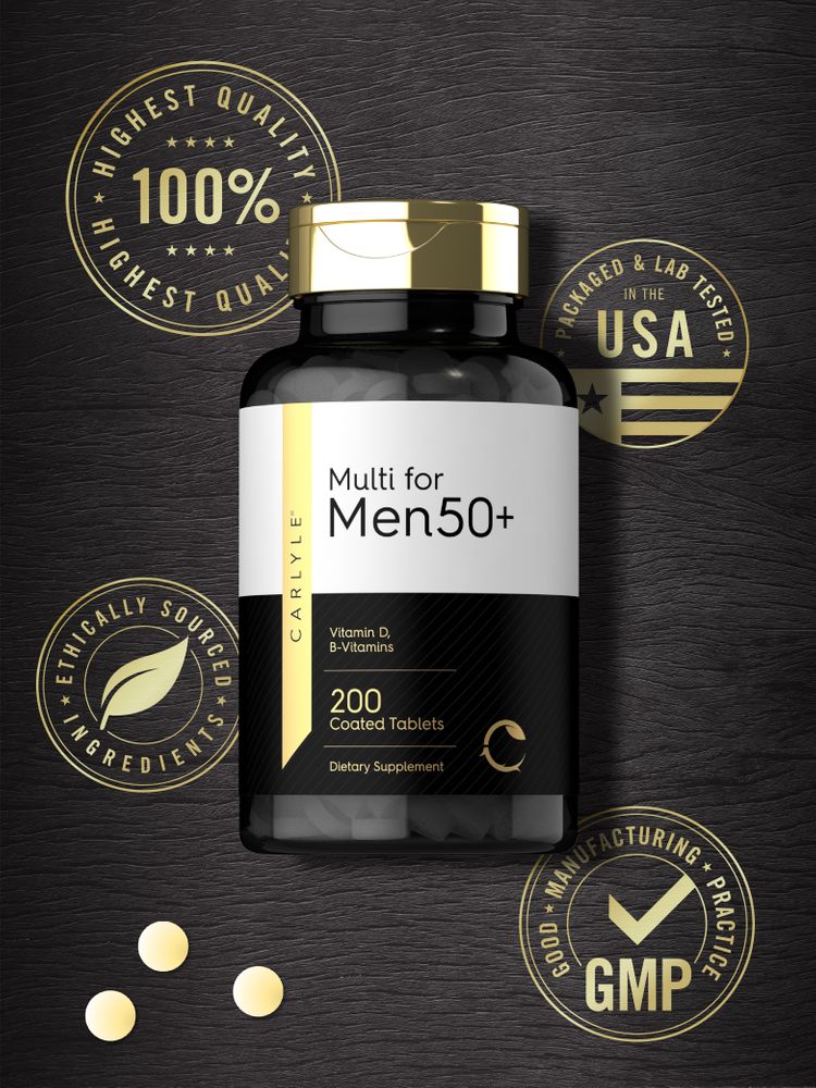 Bottle of Carlyle Multiple for Men 50 Plus with 200 coated tablets.