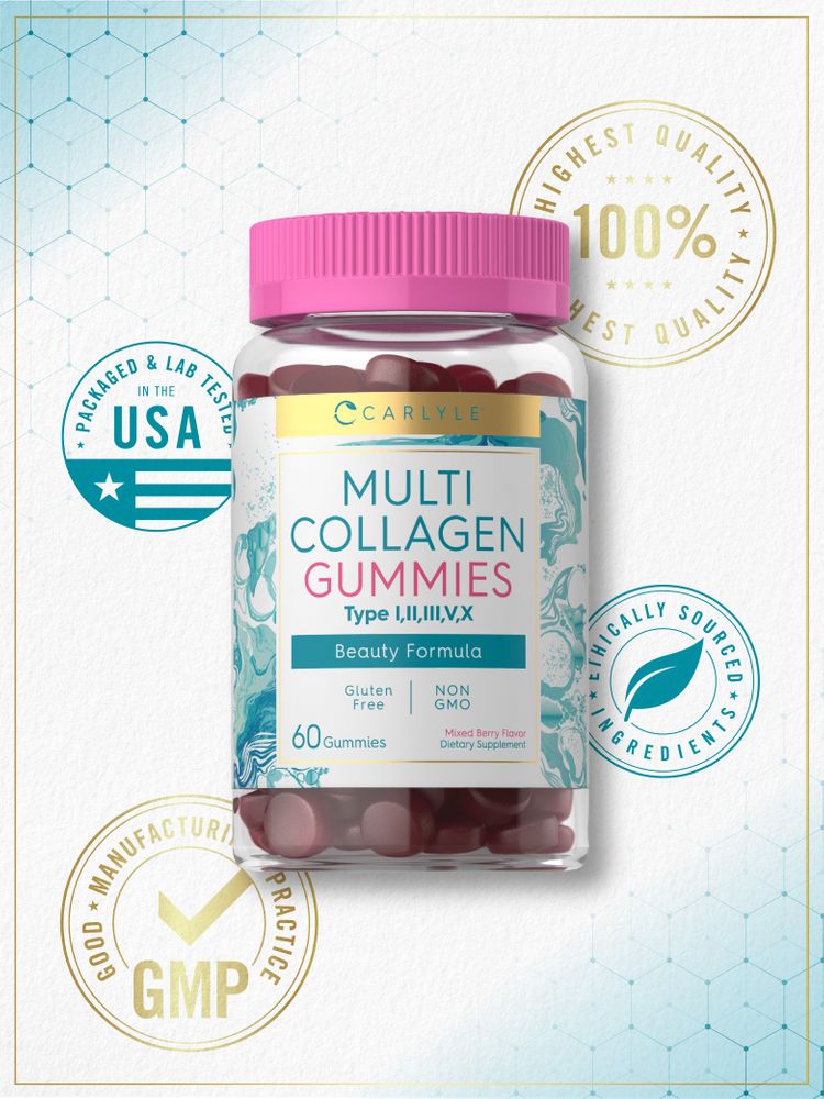 A hand holds a jar of 60 Carlyle Multi Collagen Gummies, showcasing their packaging and scale, highlighting their quantity and design.