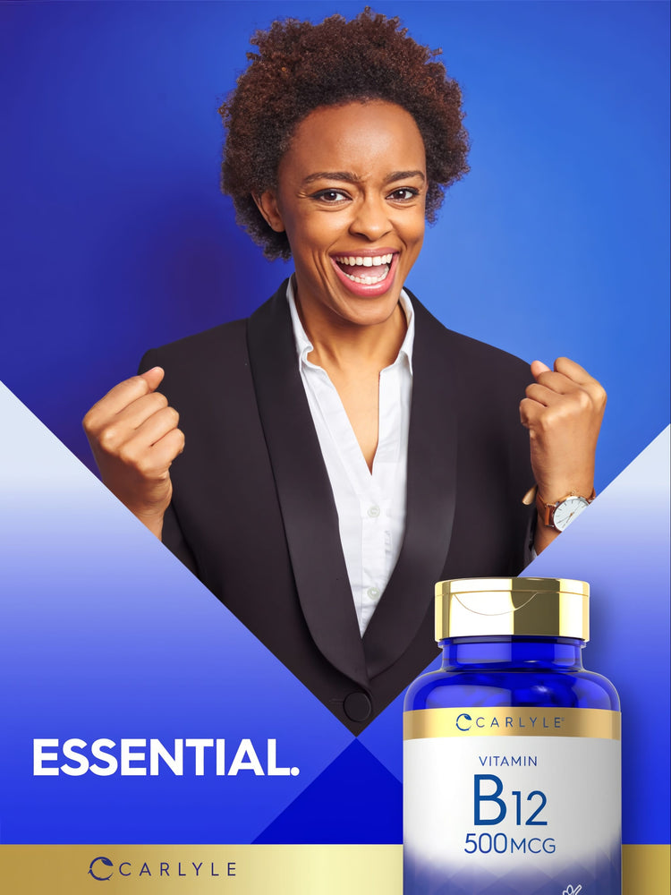 An excited adult woman smiling with fists raised next to a bottle of Carlyle Vitamin B-12.