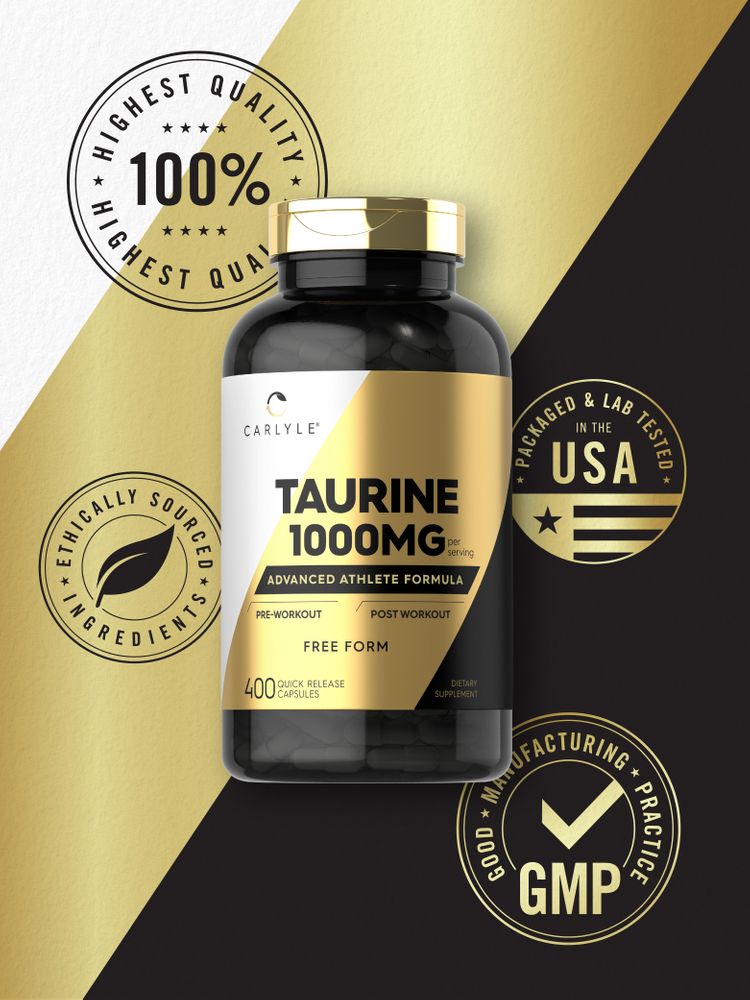 Carlyle Taurine, 1000 mg per serving, 400 quick-release capsules shown on a hand scale.