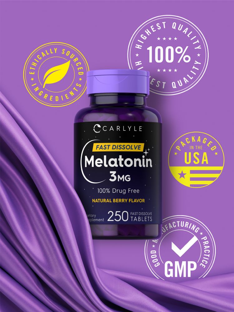 Carlyle Melatonin 3mg, 250 fast dissolve tablets, natural berry flavor, held in hand, showing size and scale.