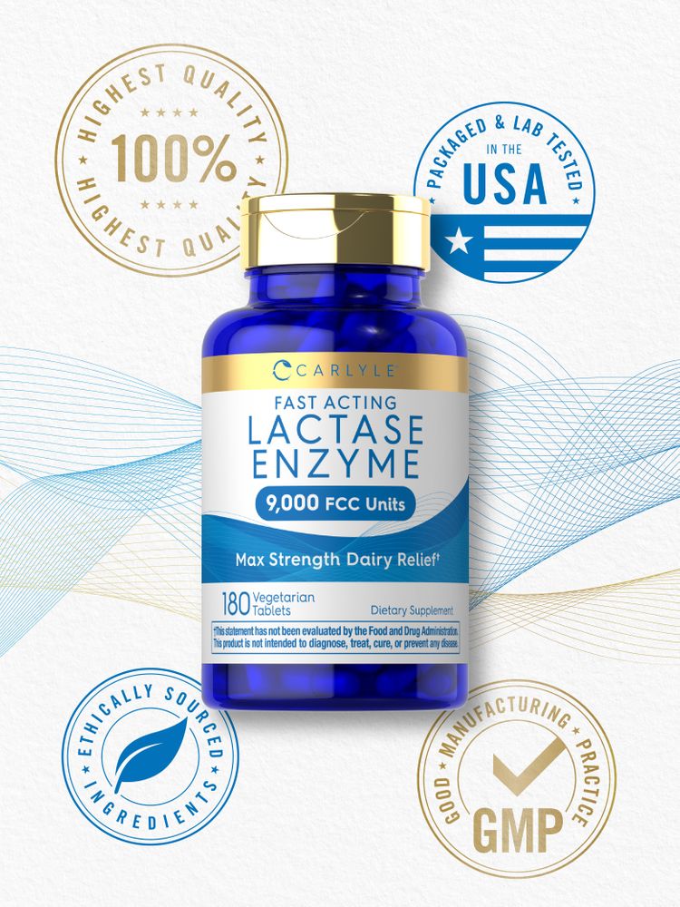 Image of Carlyle Fast Acting Lactase Enzyme tablets, 9,000 FCC Units, 180 count.