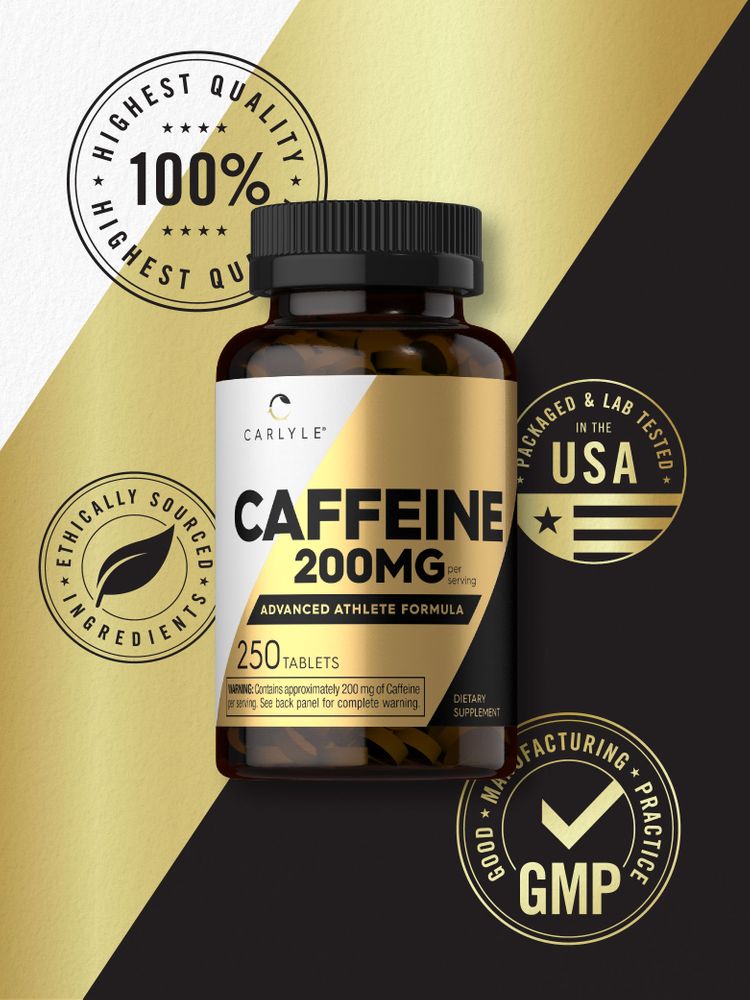 A bottle of Carlyle Caffeine 200mg, containing 250 tablets, is displayed on a hand scale for bulk quantity reference.