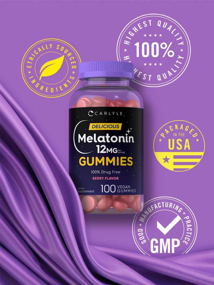 Hand holding a bottle of Melatonin 12mg Berry Flavor Vegan Gummies, 100 count, showcasing product size and packaging.