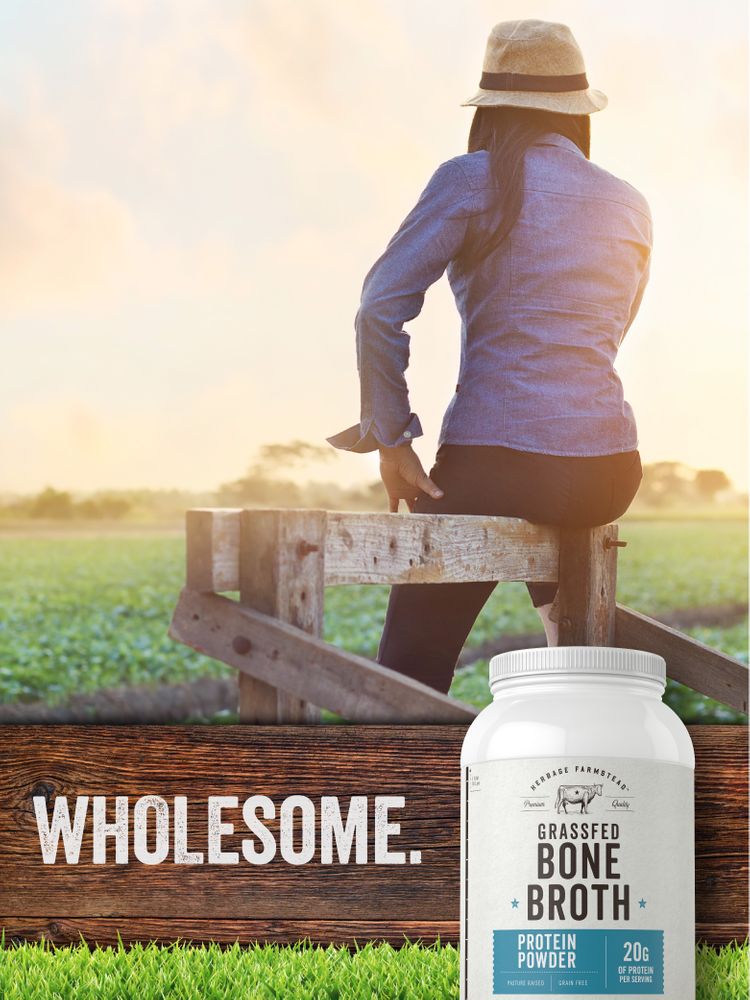 Hand holding Herbage Farmstead Bone Broth Powder 2.2lbs jar, showcasing its bulk and scale.