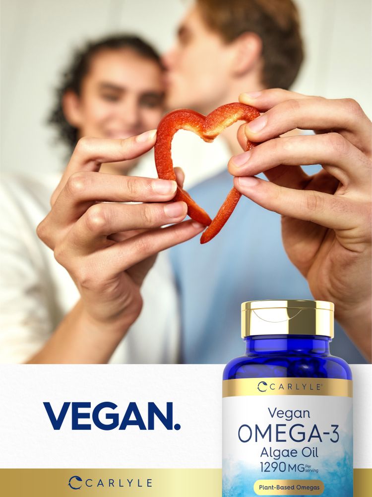 Carlyle Vegan Omega-3 Algae Oil 1290 MG per serving displayed with a hand scale showing bulk packaging.