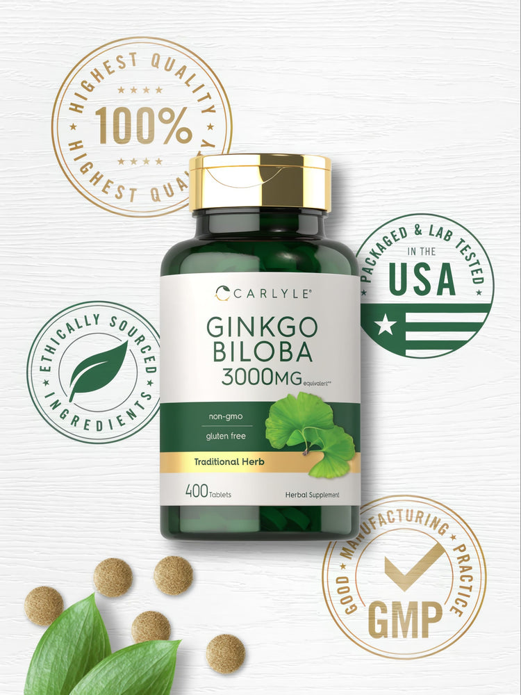 Carlyle Ginkgo Biloba 3000mg tablets displayed with a bottle and ginkgo leaves nearby.