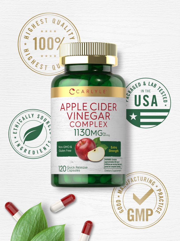 Hand holding red and white Quick Release Capsules labeled as Carlyle Apple Cider Vinegar Complex, 1130mg per serving.