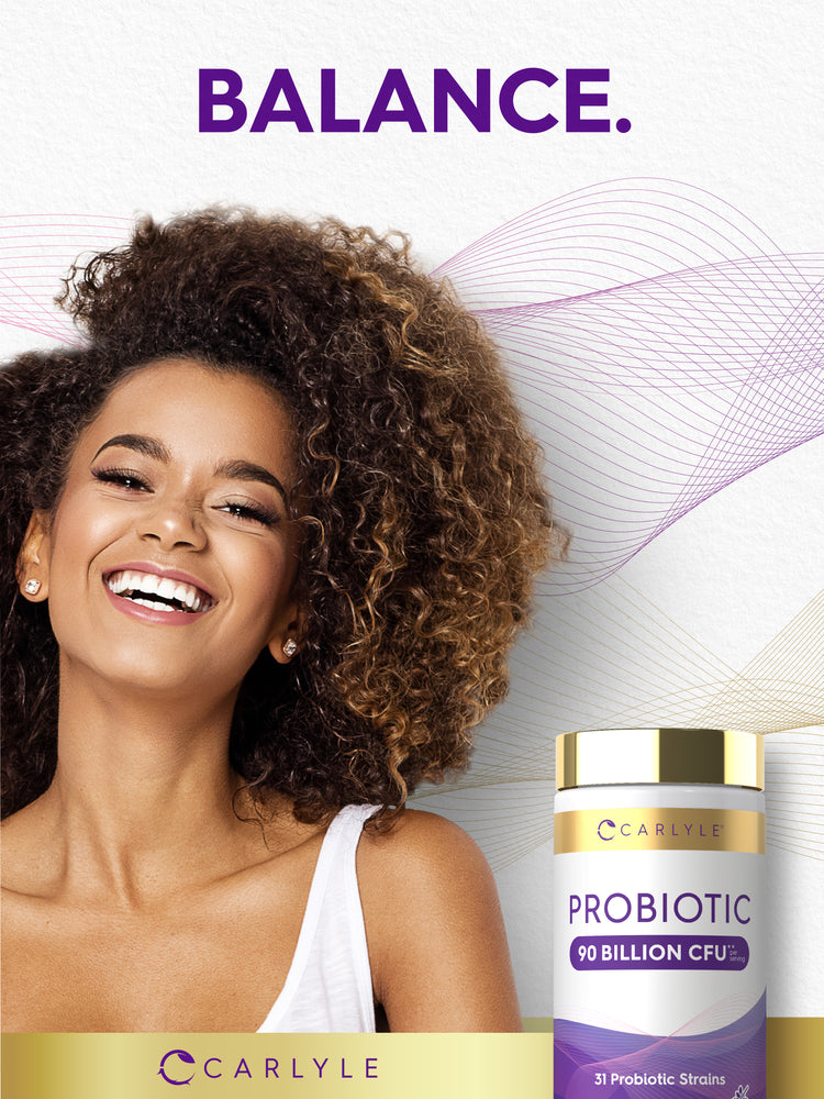 Carlyle Probiotic supplement with 90 billion CFU and 120 capsules in the bottle, designed to support digestive health.