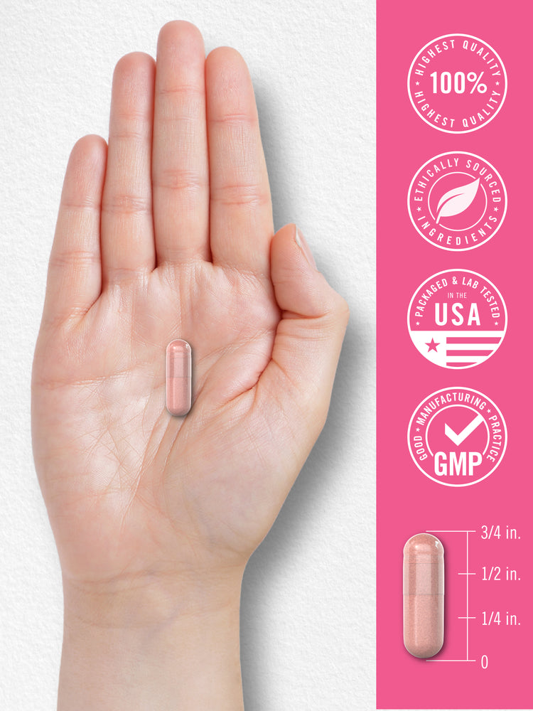 CL Womens Probiotic capsule shown on a hand, measuring 3/4 in. Pink panel details: Highest Quality 100%, Ethically Sourced, USA, GMP.