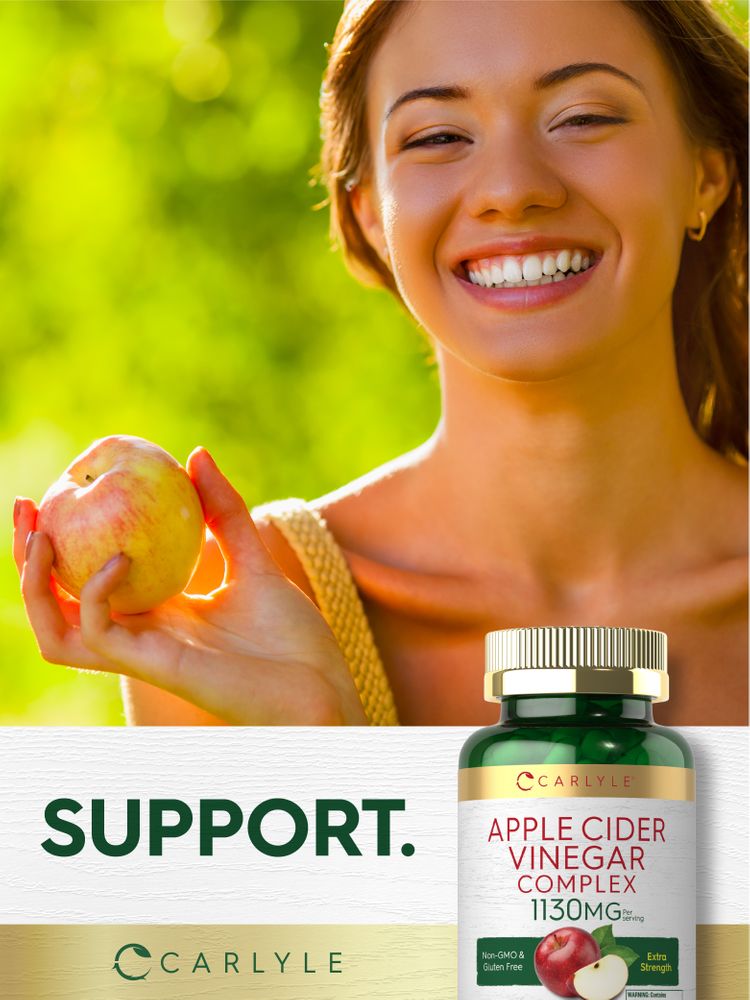 A woman holds an apple next to a Carlyle Apple Cider Vinegar Complex 1130MG bottle.