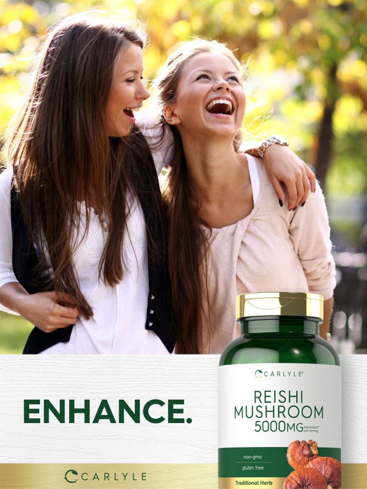 Two young women laugh and hug outdoors next to a bottle of Carlyle Reishi Mushroom supplement.