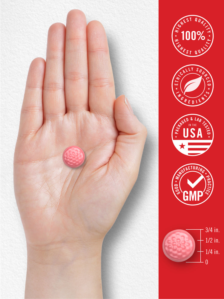 A Carlyle D3 3,000 IU Gummy is held in a hand, measuring 3/4 inch wide and 1/4 inch tall.