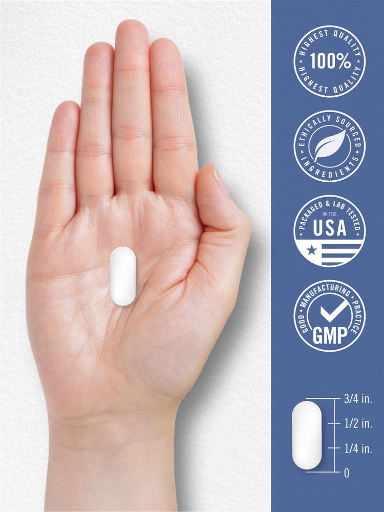 A white, oval tablet is placed on a hand-held scale, measuring three-quarters of an inch in length.