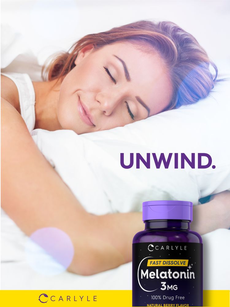 Carlyle Fast Dissolve Melatonin 3MG bottle featuring 100% drug-free, natural berry flavor.