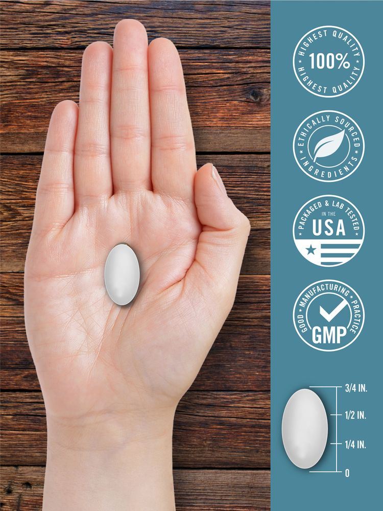 A white oval tablet, 3/4 inch long, is held in a hand.