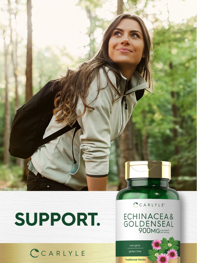 A young woman hikes in a forest next to a Carlyle Echinacea & Goldenseal bottle.